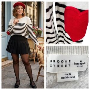 Kate Spade Broome Street XL Striped Sweater Red Heart Elbow Patch Preppy Twee